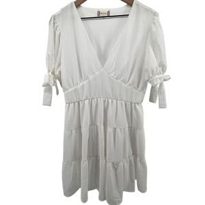 Altar'd State Women Large V-Neck Tiered Babydoll‎ Puff Sleeve Dress White Ivory